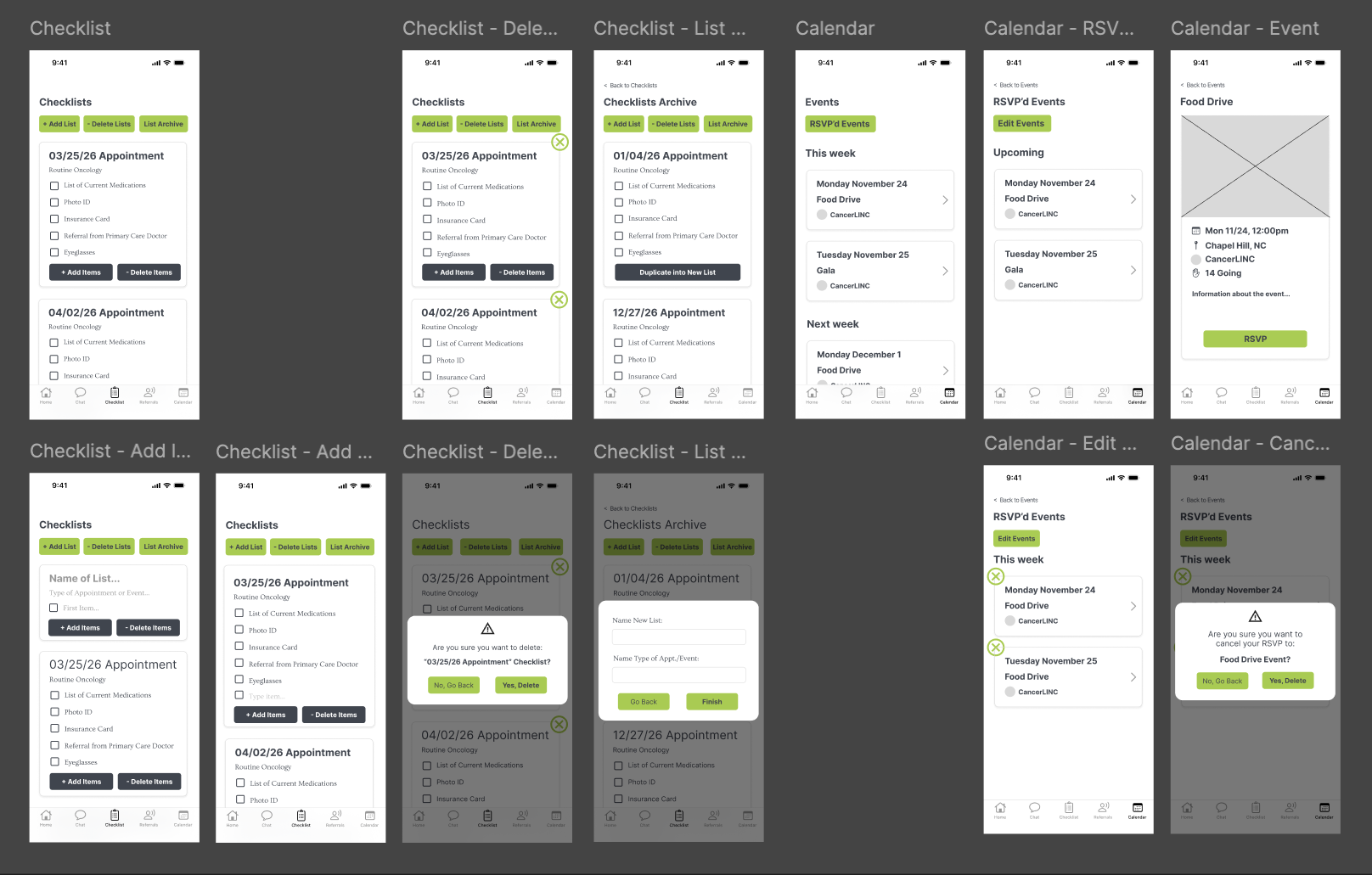 Vertical Checklist with list titles, add/delete, checking things off, and confirmation screens. Calendar to see events, RSVP to events, and change RSVP.