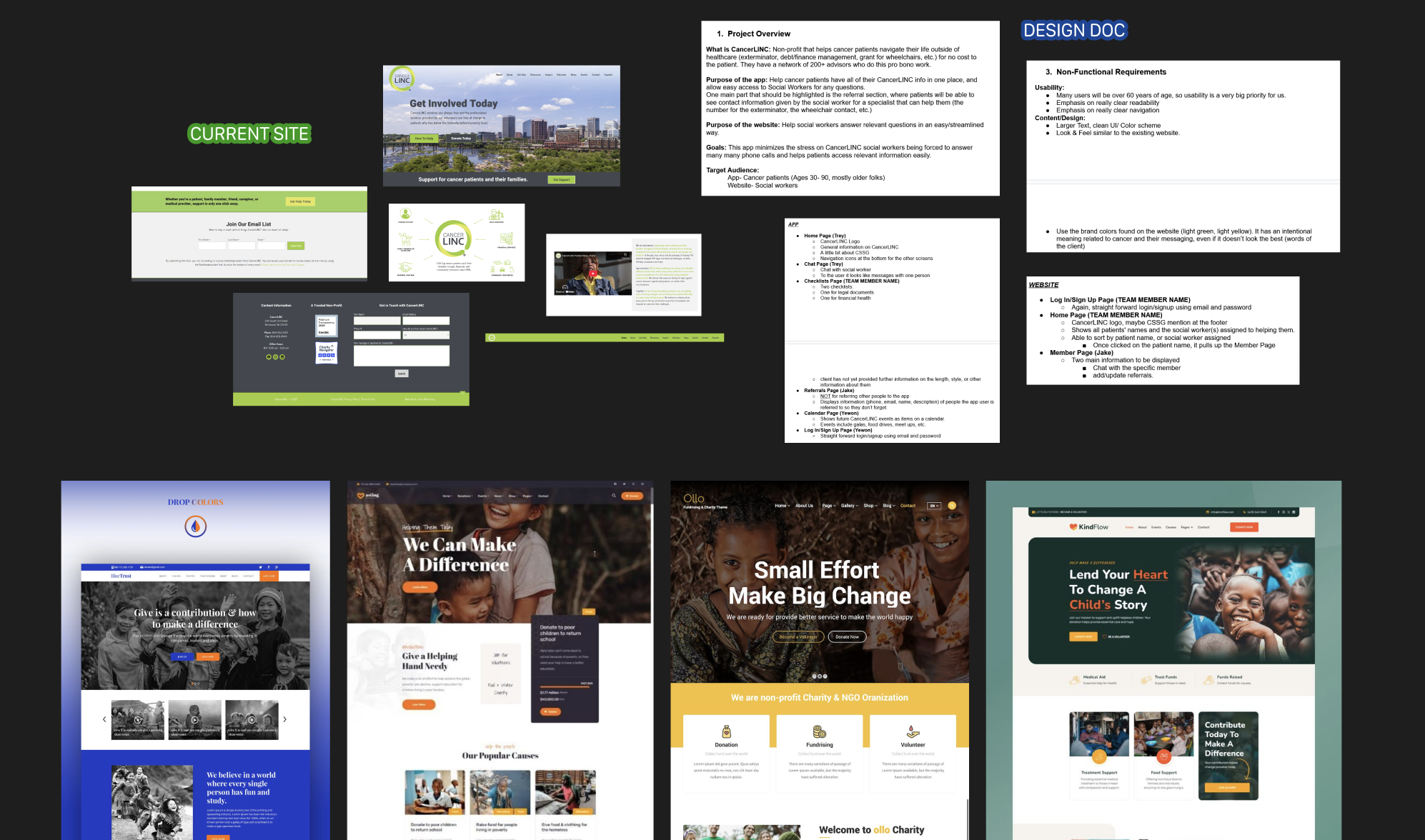 grid of inspiration screenshots of other websites and apps, as well as screenshots of the technical specifications