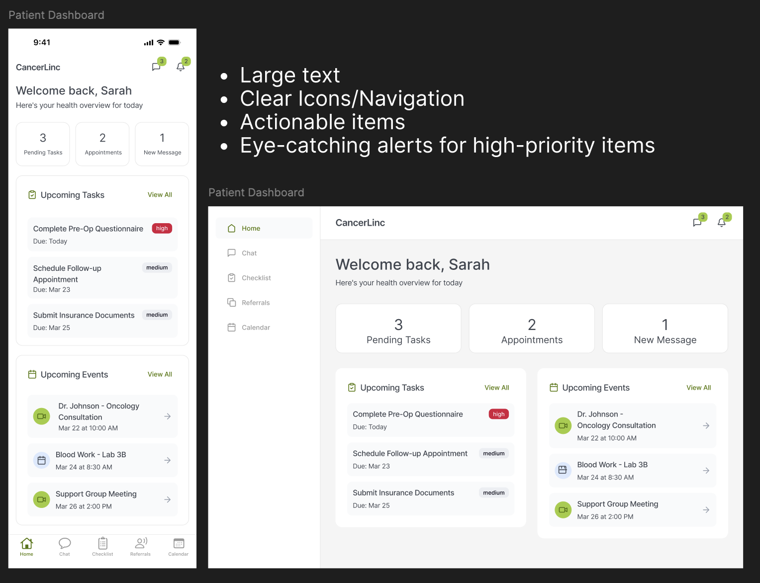 Dashboard for mobile and desktop, featuring boxes for tasks, appointments, and messaging, followed by sections for detailed tasks and events coming up