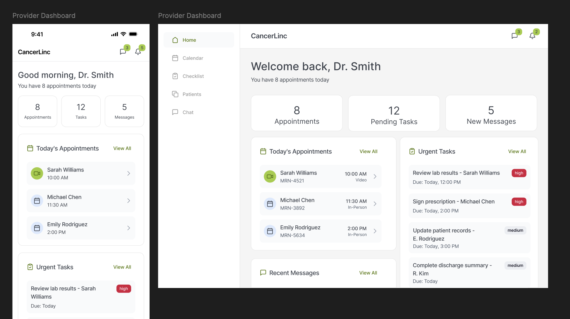 Dashboard for mobile and desktop, featuring boxes for tasks, appointments, and messaging, followed by sections for detailed tasks and events coming up