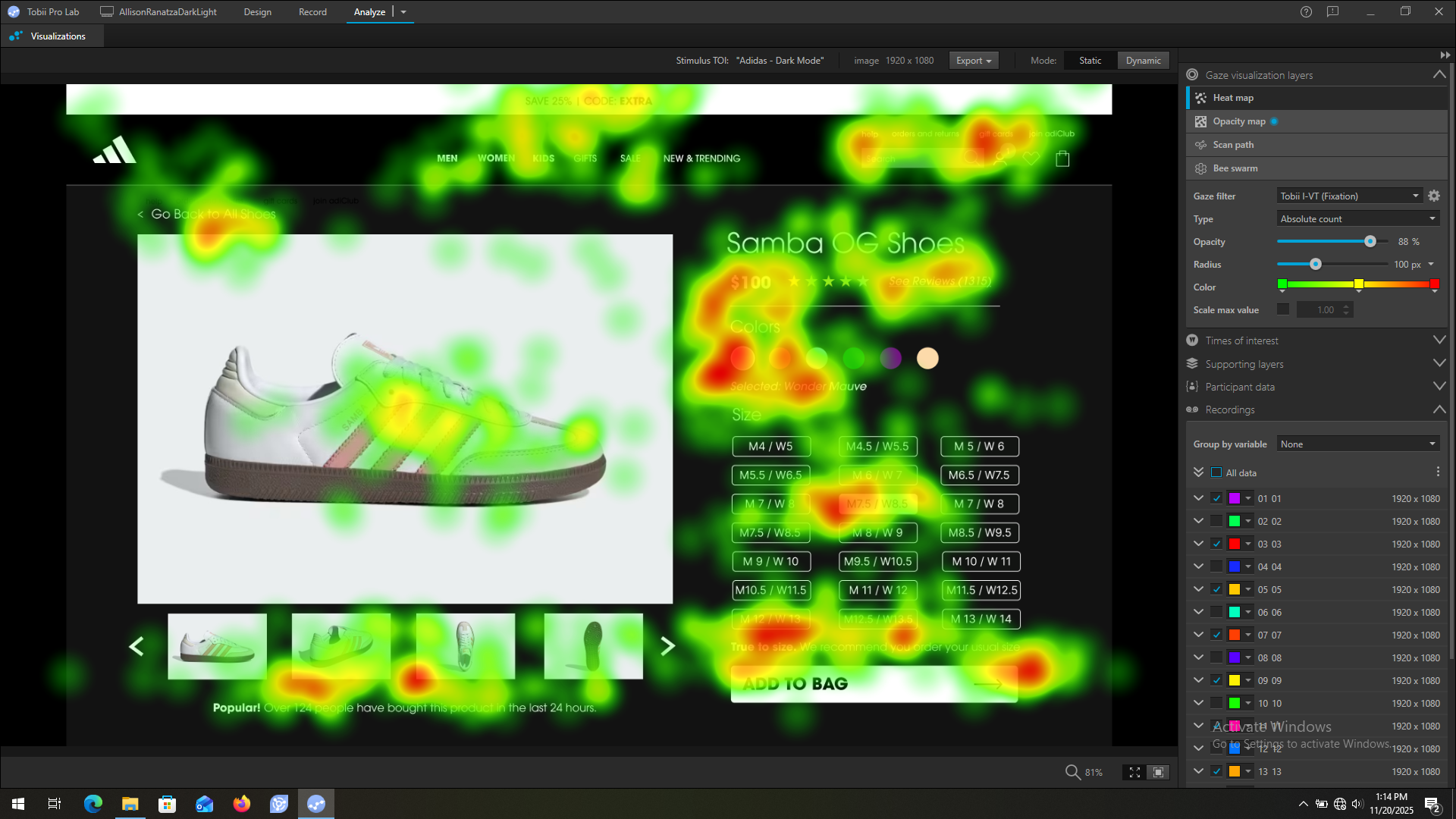 Tobii eyetracking data showing a heatmap of user attention on a light theme