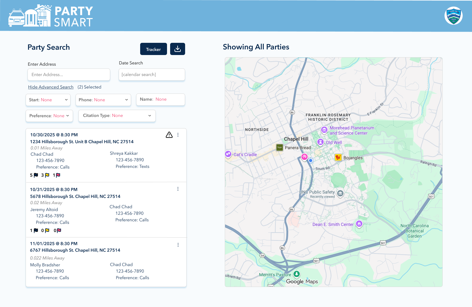 High-fidelity police dashboard with event list and interactive map