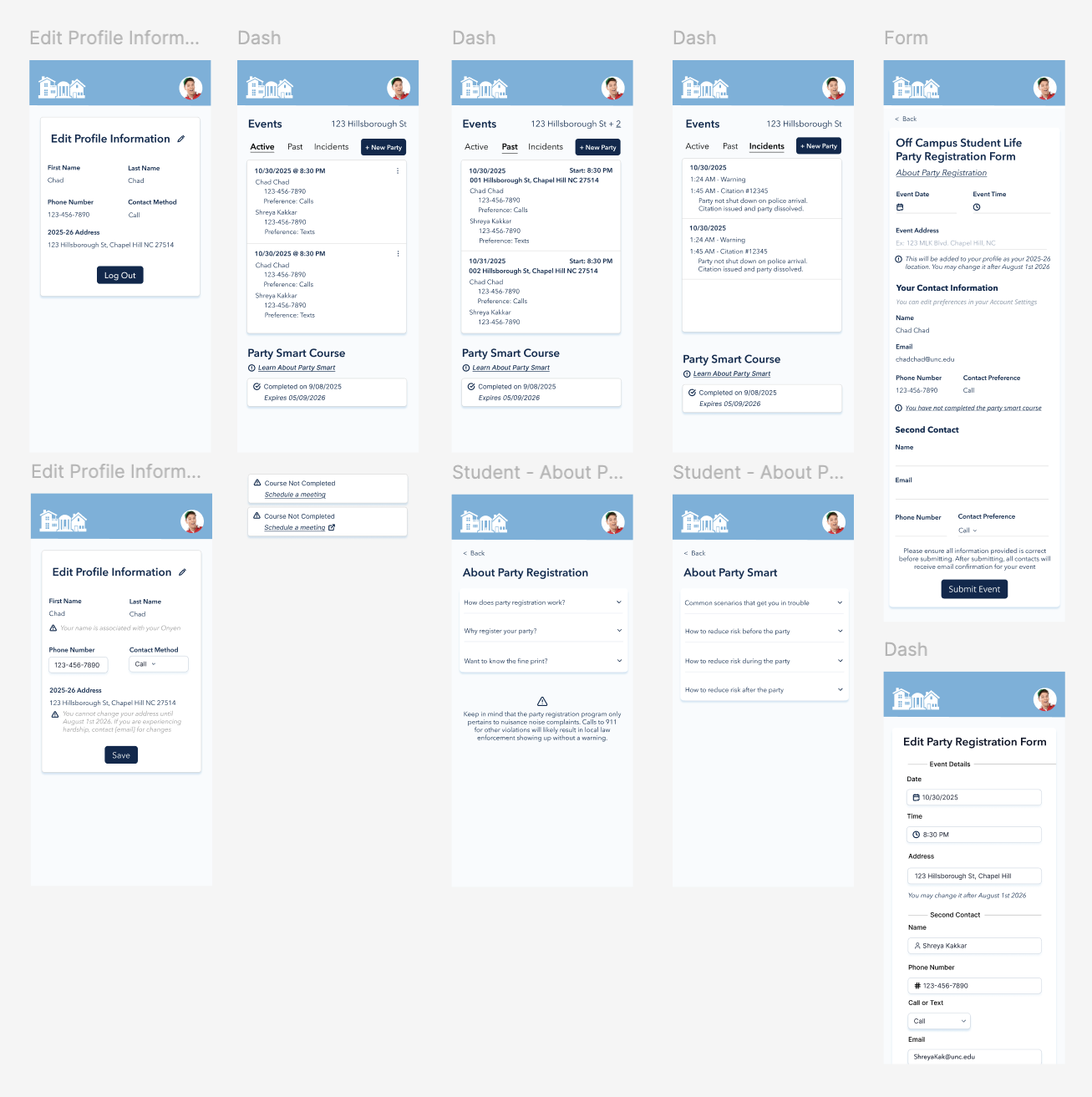 High-fidelity student dashboard with profile options, party smart information, and the party registration form