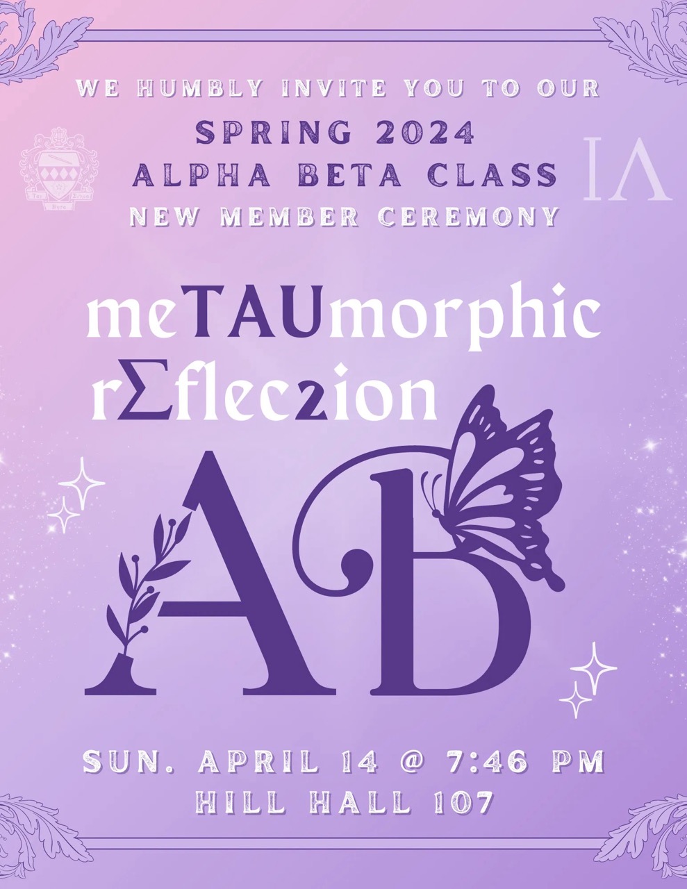 Poster for the Alpha Beta Line of Iota Lambda Tau Beta Sigma. Purple and blue gradient and text elements