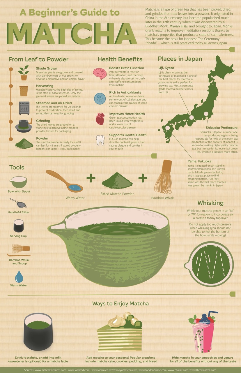 Matcha Infographic with a chasen and bowl surrounded by tex